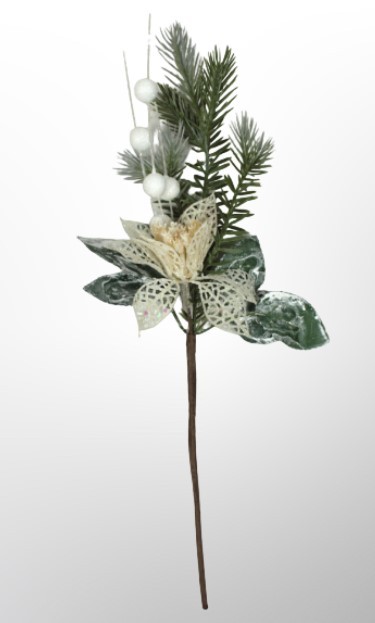 210-01-3849 Искусственная Ветка с белыми ягодками и цветком 35см