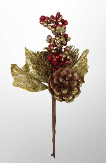 210-01-3895 Искусственная Ветка с глиттером с ягодками и шишкой  20 см