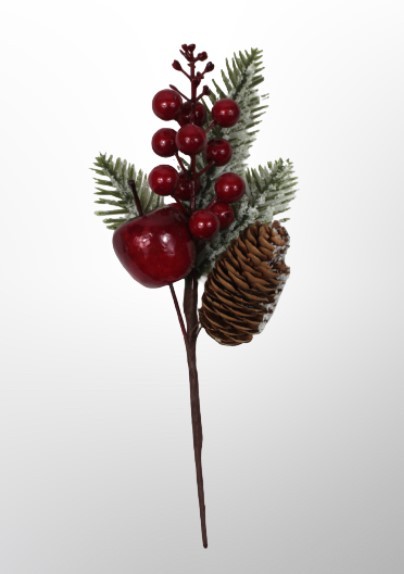 210-01-3894 Искусственная Ветка заснеженная с яблочком и шишкой  25 см