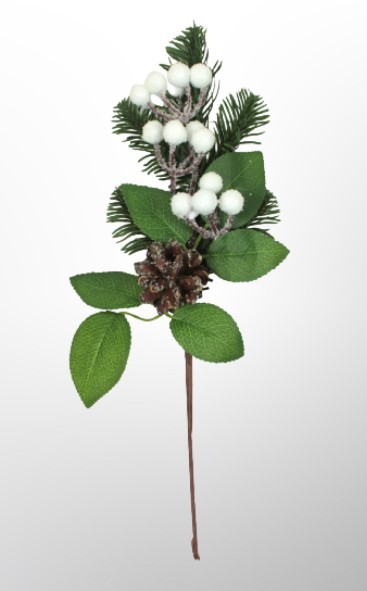 210-01-3906 Искусственная ветка с белыми ягодками и шишкой 35 см 1/2