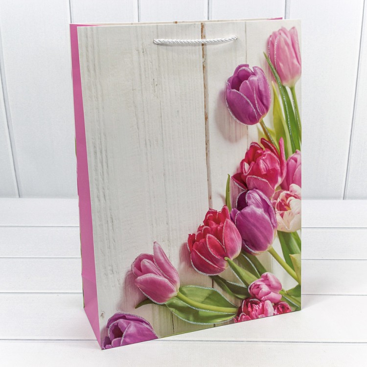 000312A Пакет подарочный с блёстками "Тюльпаны" (микс 312) 30*41,5*12 210г 1/20 1/80