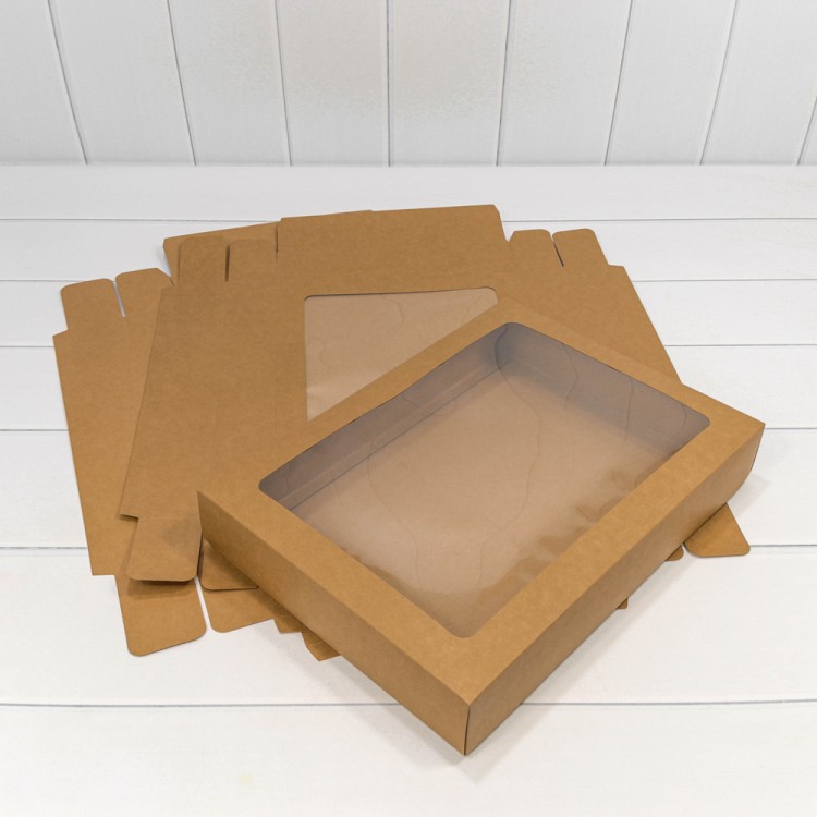 0007230 Коробка Прямоугольная 37,5*27,5*6 сборная с окошком Крафт 1/20 1/120