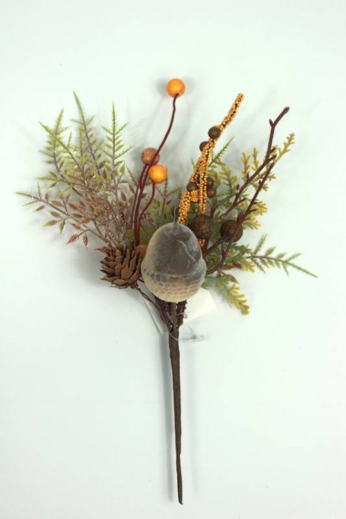006516 Декоративная новогодняя ветка с шишкой и желудем, 27 см