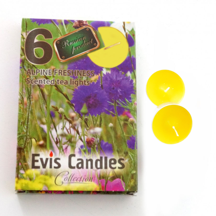230010062802 Чайные свечи параф. малые D-37мм аром. АЛЬПИЙСКАЯ ЦВЕТЫ. Подарочная Уп., 6 штук 230010062802 Чайные свечи параф. малые D-37мм аром. АЛЬПИЙСКАЯ ЦВЕТЫ. Подарочная Уп., 6 штук