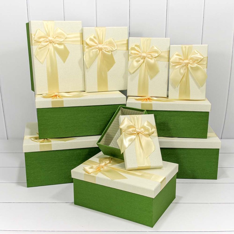 721604/0047 Коробки Прямоугольные Набор 1/10 34*26*15,3 "Бант" Зелёный/Бежевый 1/4