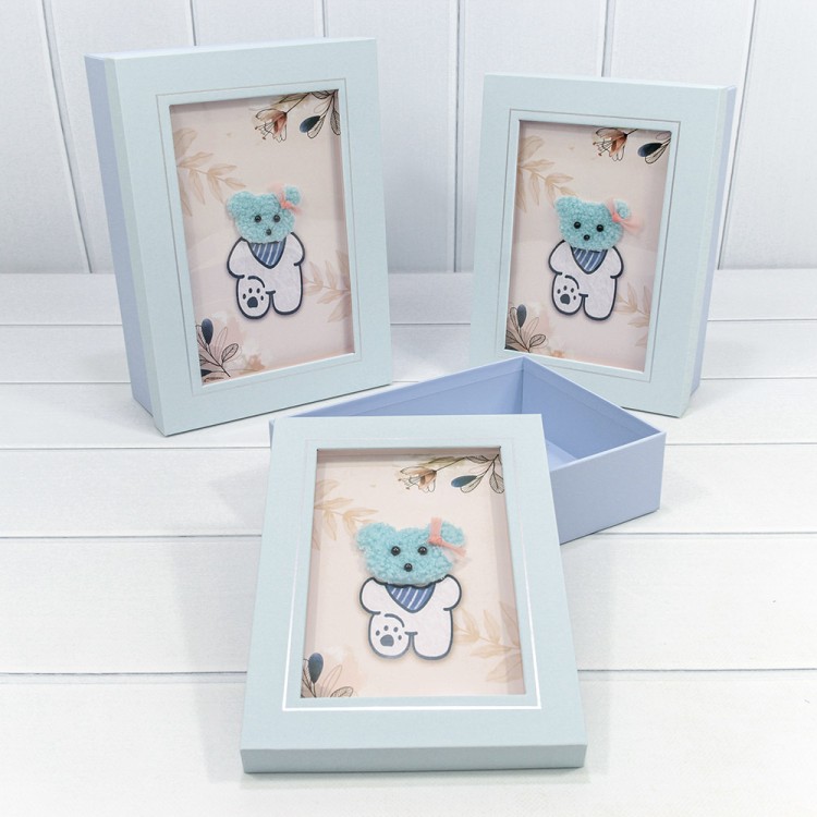 720-883/2 Коробки Прямоугольные Набор 1/3 29*21*9,5 с окошком "Мишка" Голубой 1/12