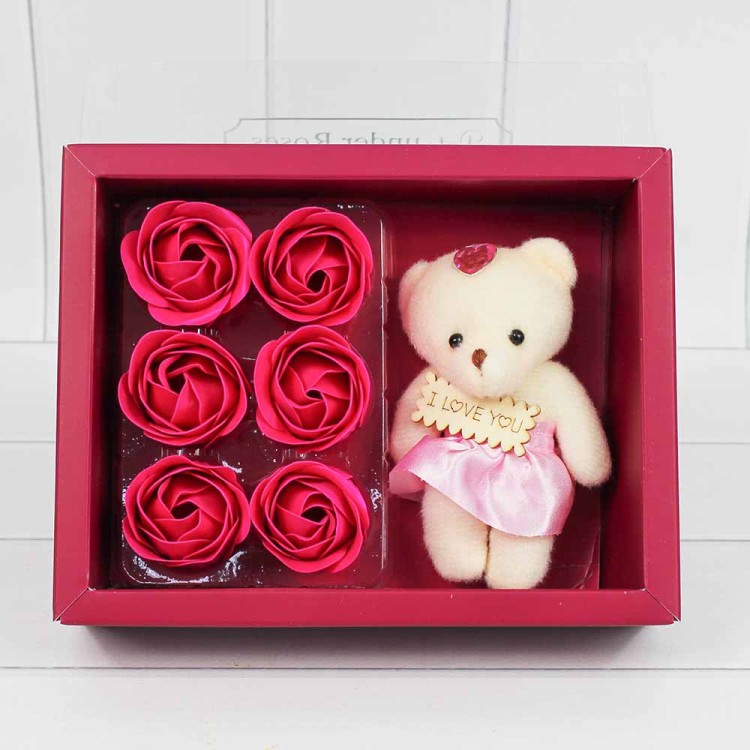 45026/3 Мыльные розы розовые и Мишка  в коробке 6шт